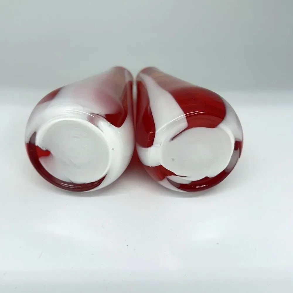 Pair Hand Blown Art Glass Bud Vases Red White Swirl Cased Glass 6”